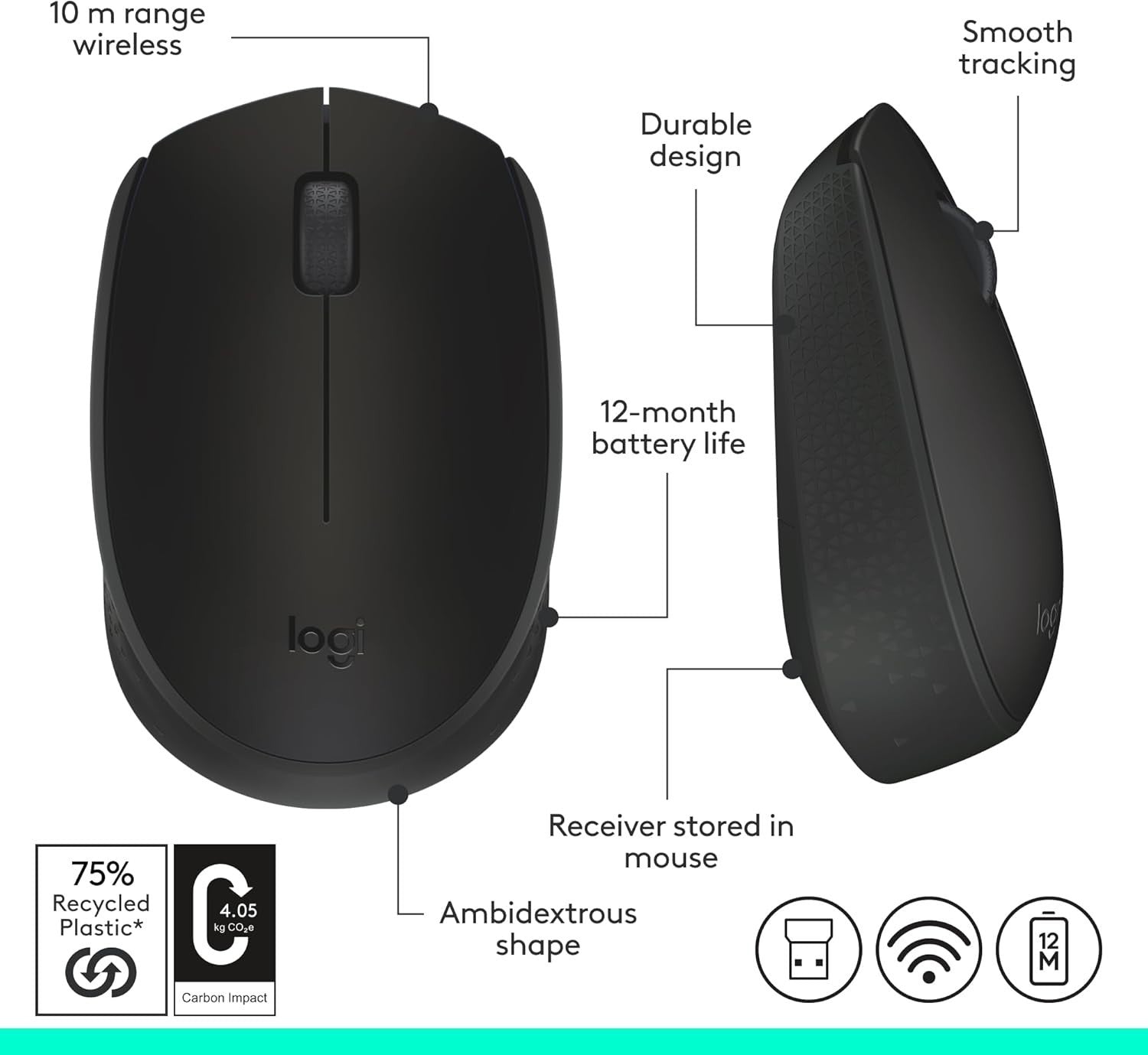 Wireless Mouse 2.4GHz USB Optical PC Laptop 12 Month Battery
