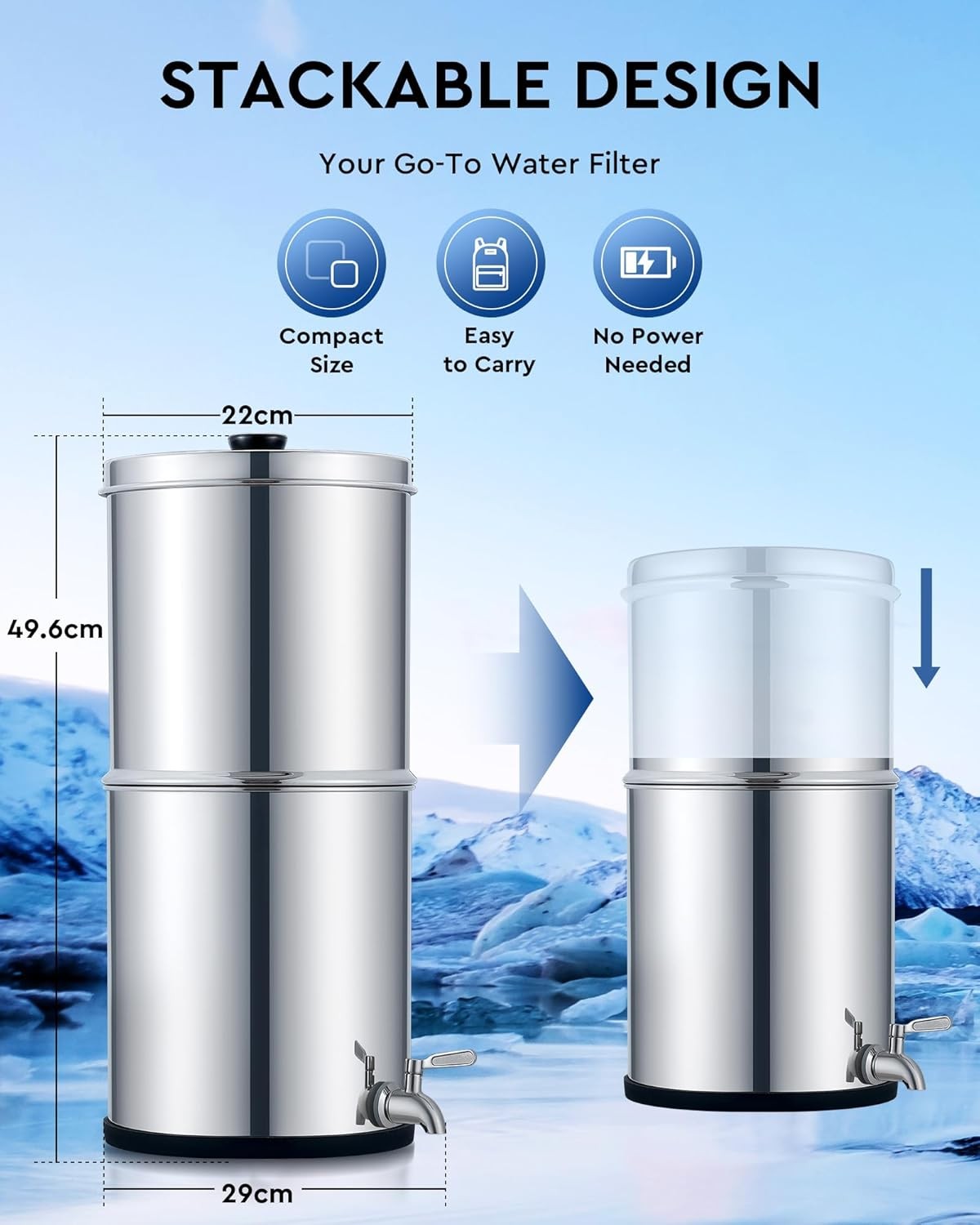 Gravity Fed Water Filter 8.5L Stainless Steel Countertop Purifier NSF