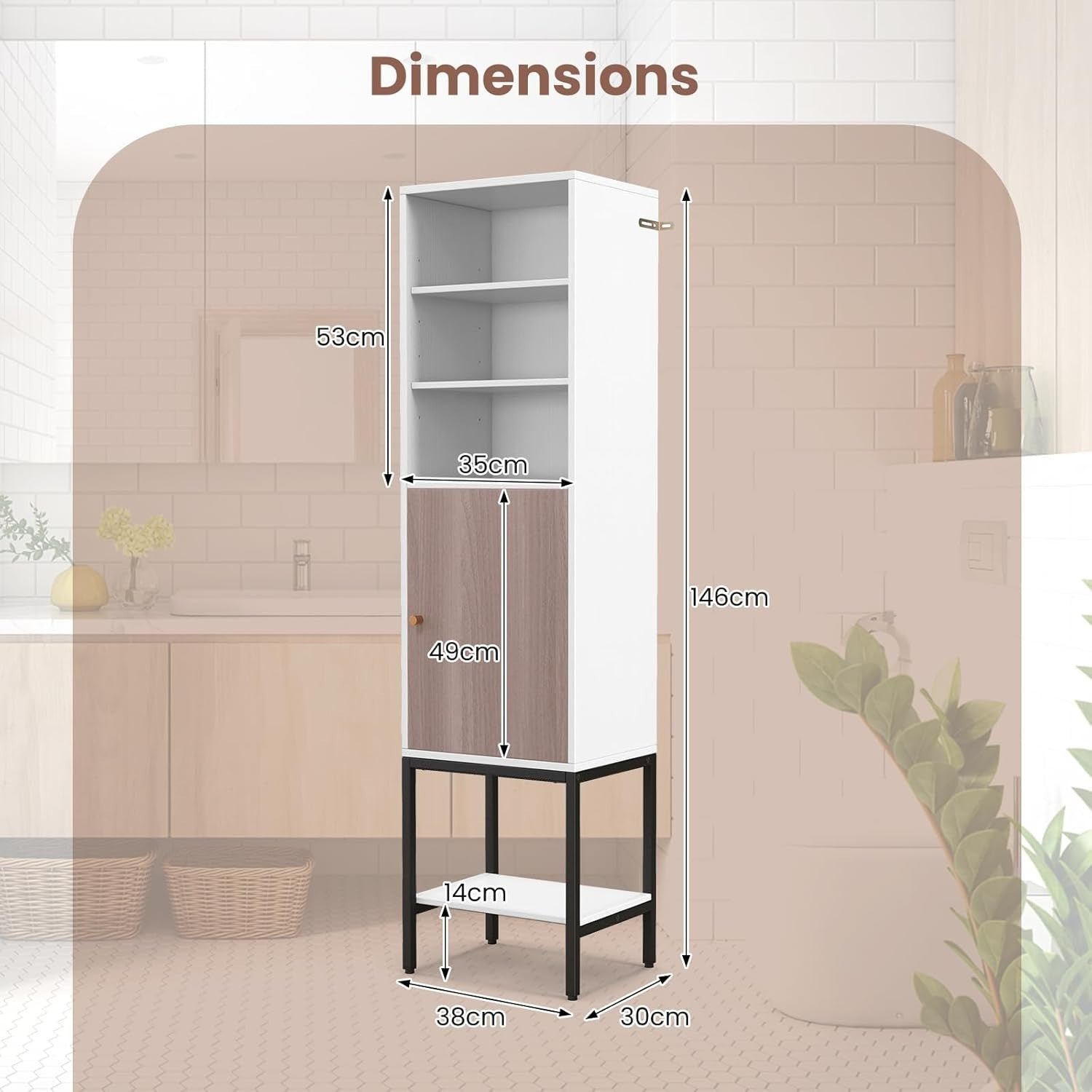 146cm Tall Wooden Storage Cabinet White Adjustable Shelves Slim Cupboard