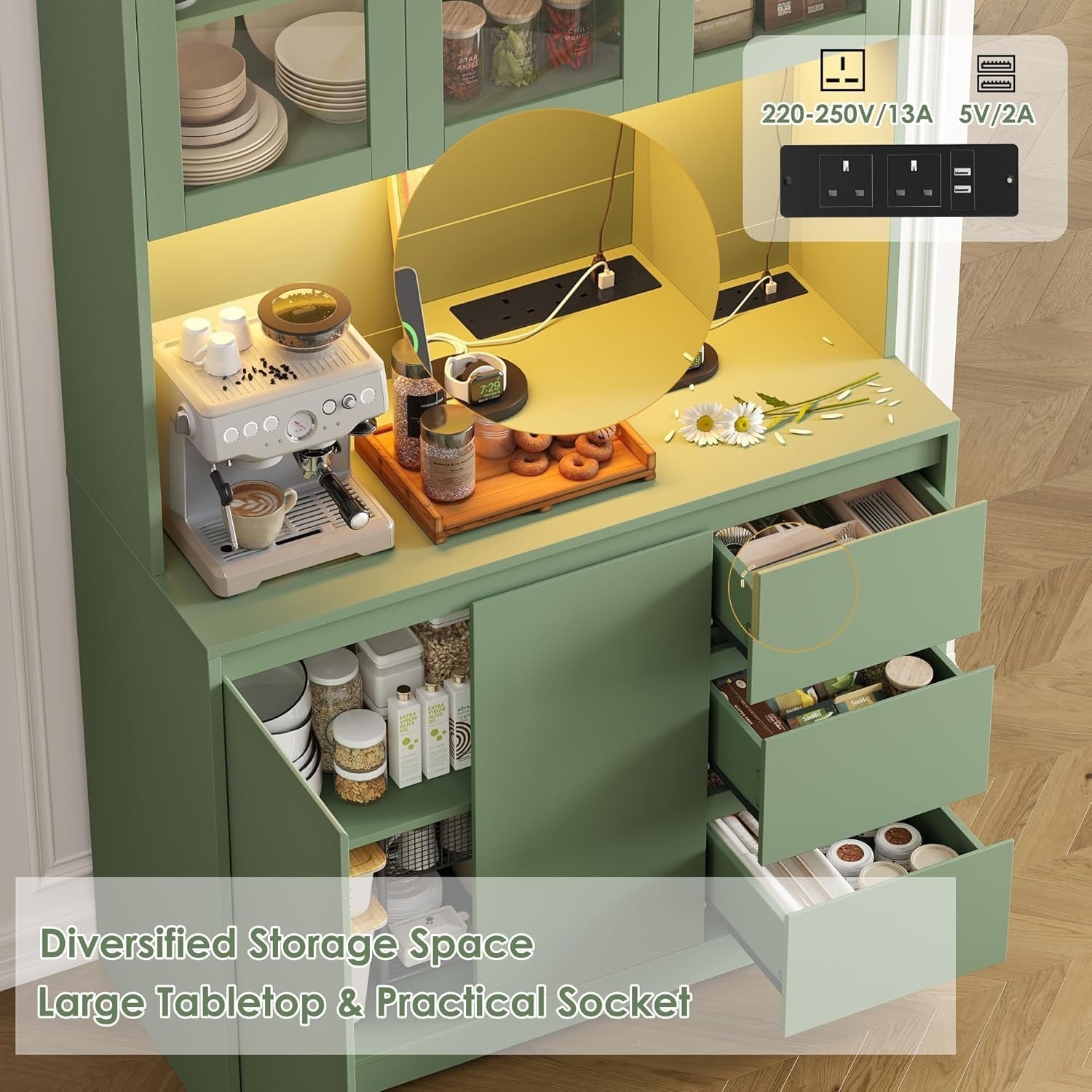 Green Tall Kitchen Cupboard with LED, Sockets, Drawers & Shelves