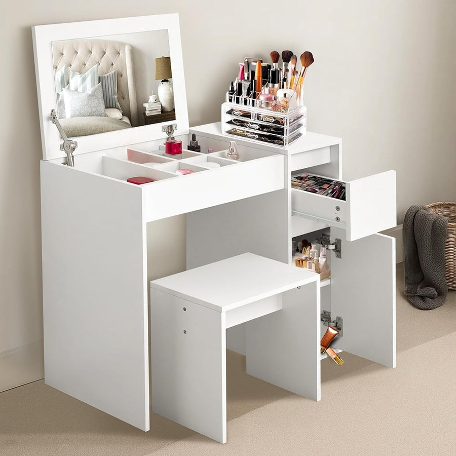 White Dressing Table Vanity Set Flip Up Mirror Desk 1 Drawer Storage Stool