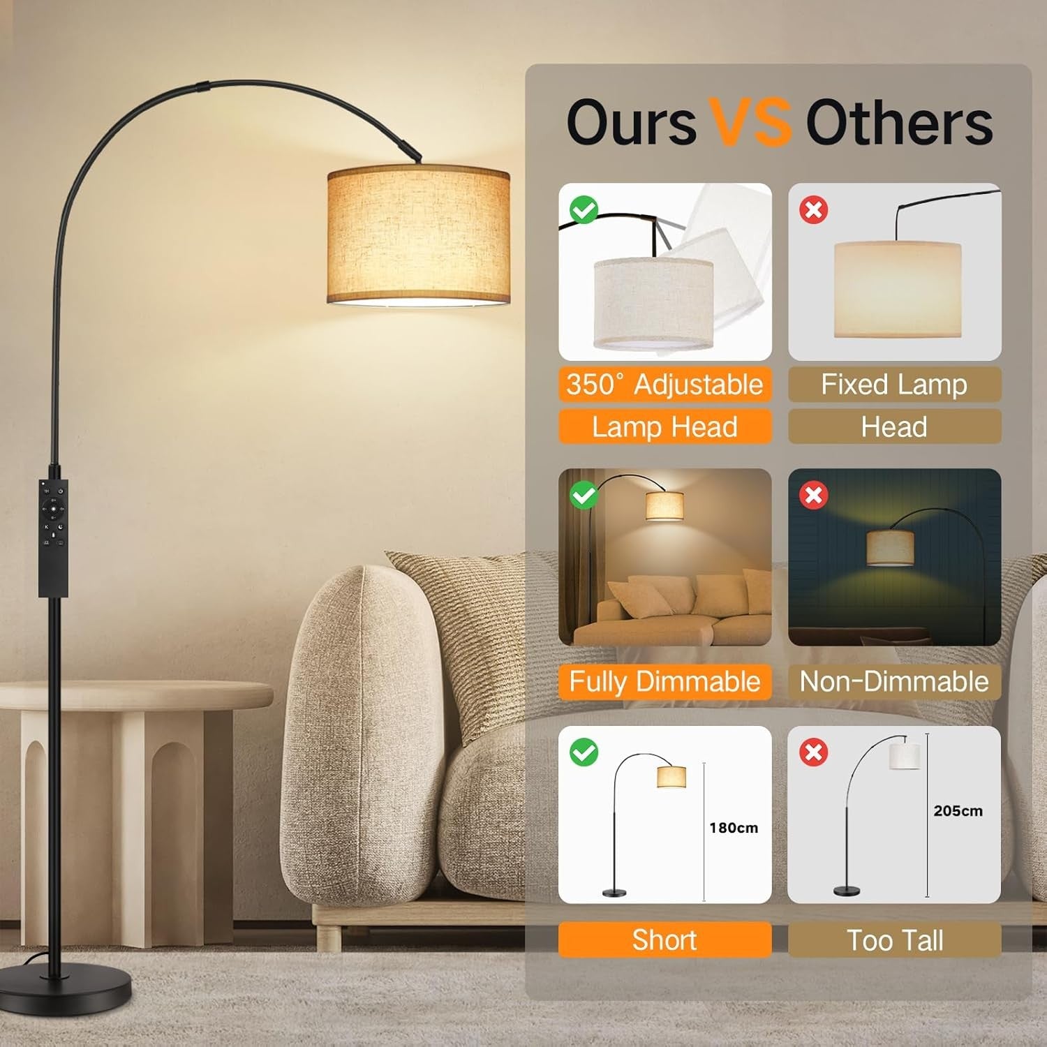 Arc Floor Lamp Dimmable Remote Control LED Standing Light Black 70in