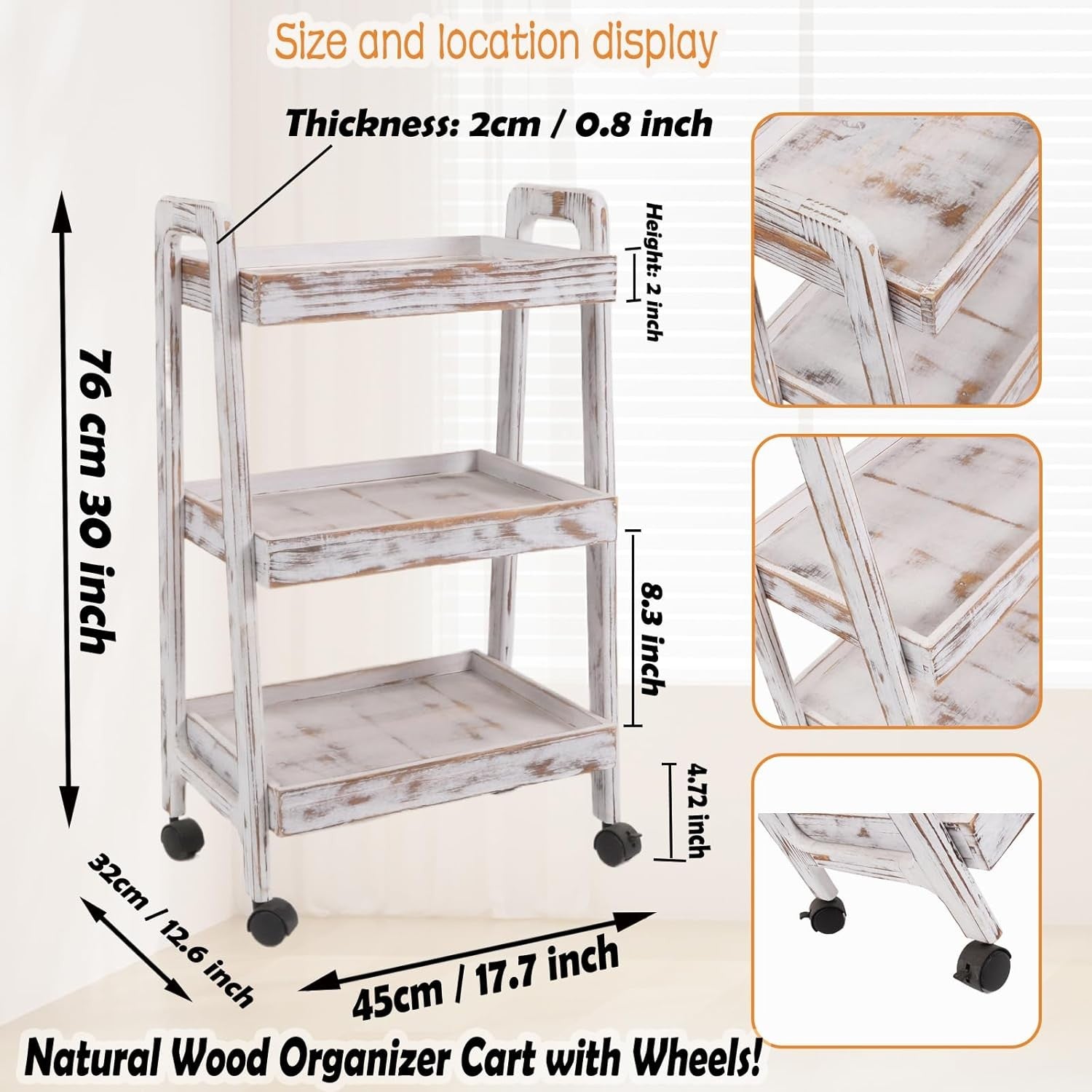 3 Tier Wooden Rolling Cart Storage Trolley Kitchen Bathroom Utility Wheels