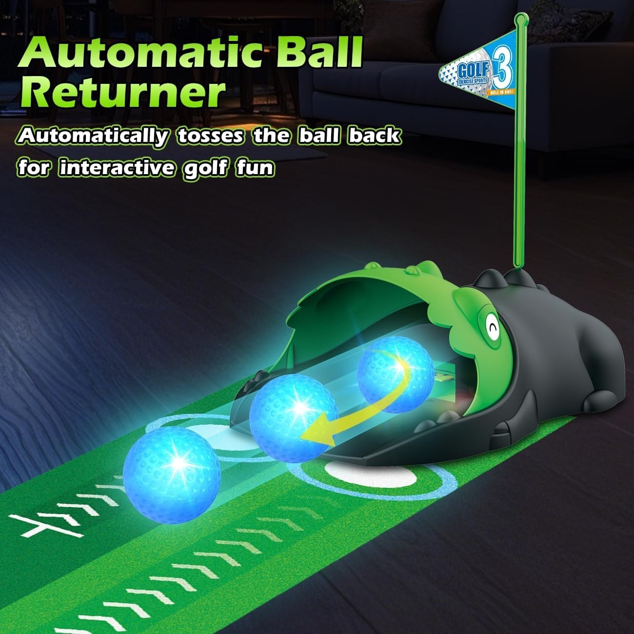 Kids Golf Set Dinosaur Putting Mat Auto Ball Return Indoor Outdoor Toy