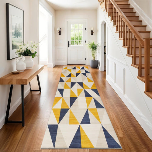 Yellow Runner Rug 80x300cm Non Slip Hallway Low Pile Modern Geometric Carpet