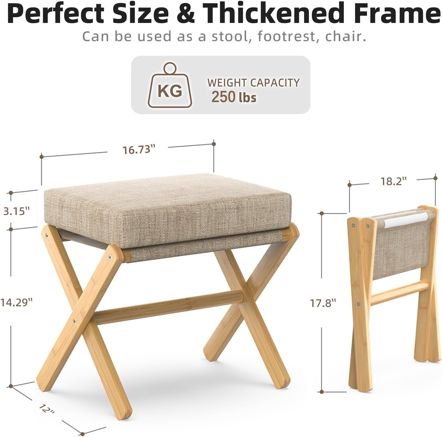 Natural Bamboo Foldable Footstool with Brown Chenille Cushion & X-Leg Design