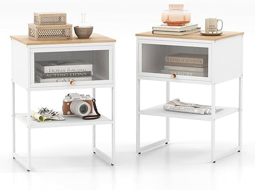 Modern Flip-Door Bedside Tables Set of 2 – Metal Frame Nightstands with Storage