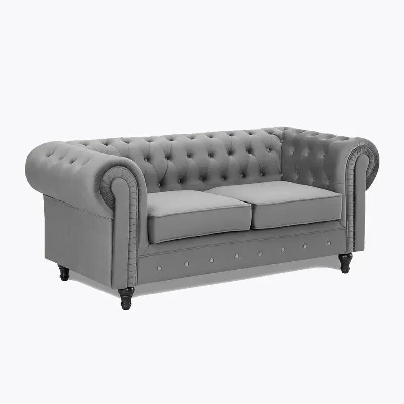 Grey Chesterfield Velvet 2 Seater Sofa Tufted Scroll Arm Classic Couch