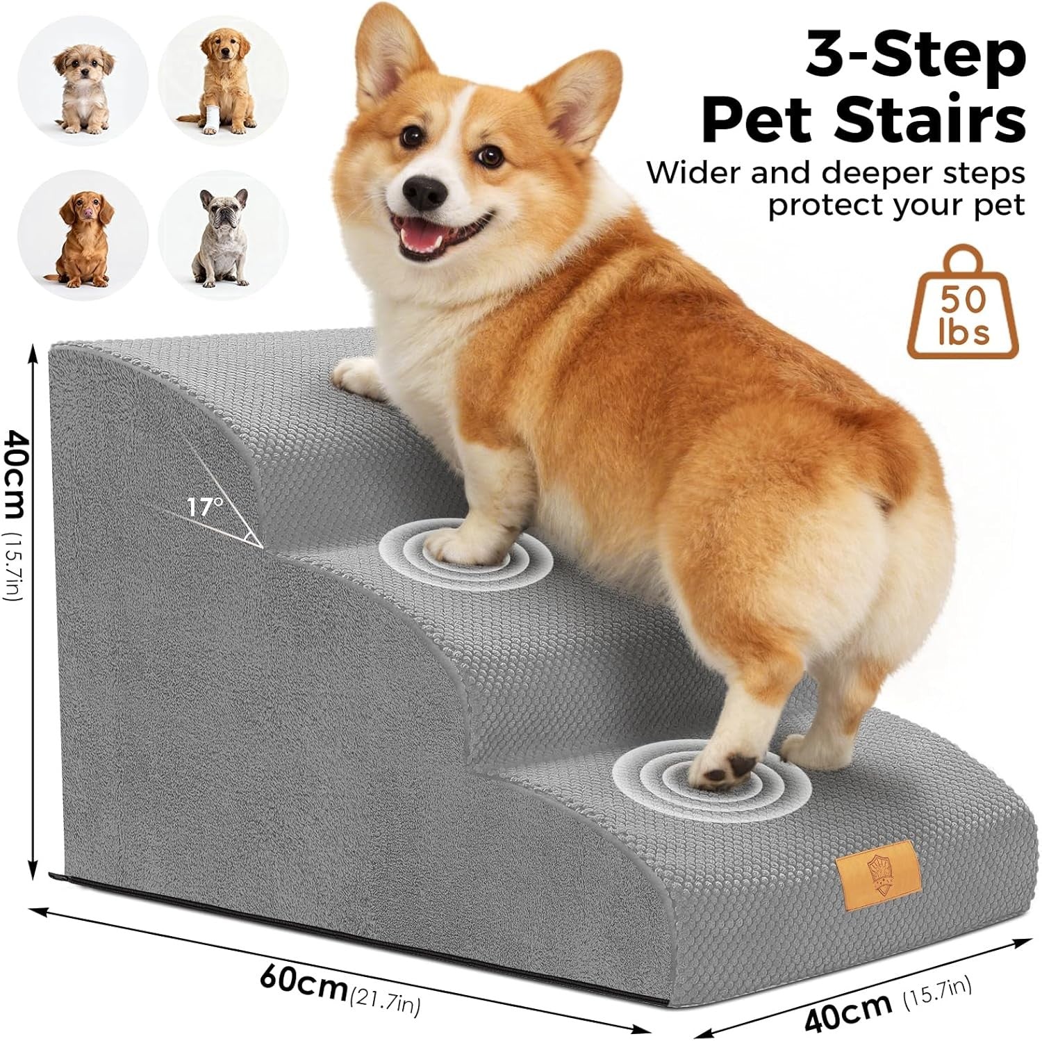 Grey 3 Step Dog Stairs 30D Foam Non Slip Ramp 60x40x40cm