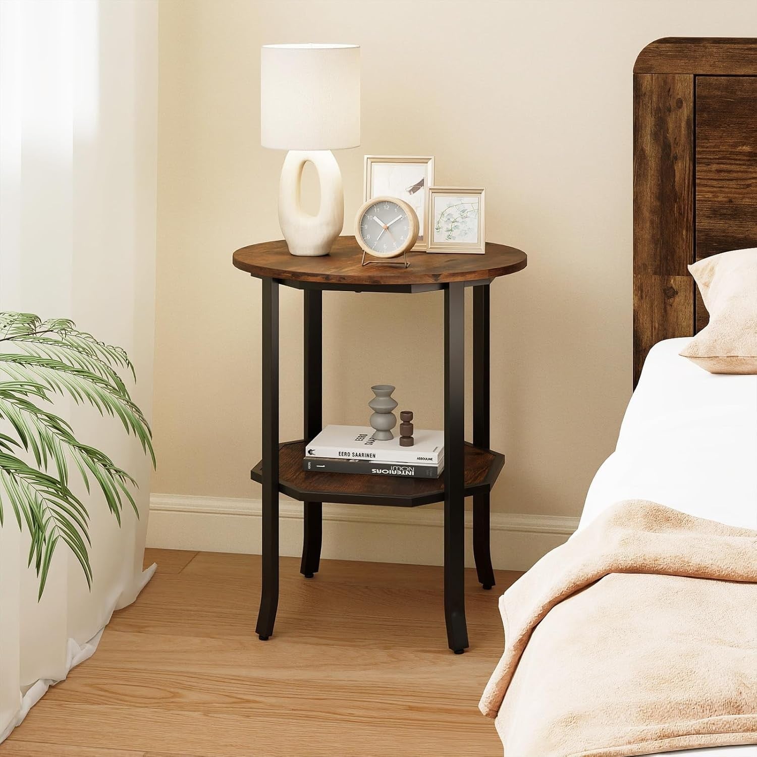 Rustic Brown Round Side Table | 2-Tier Industrial Sofa End Table with Shelf 50×6