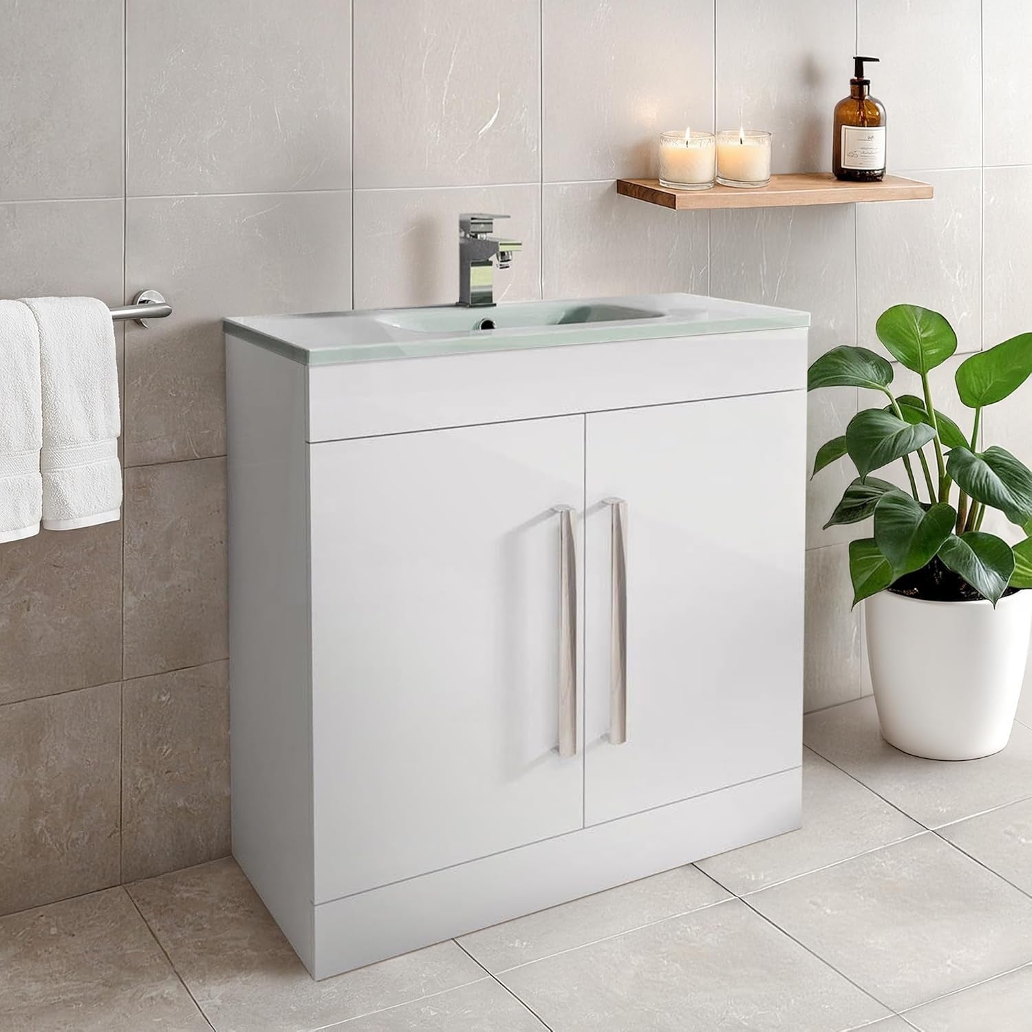 800mm White Bathroom Vanity Unit with Basin Floor Standing Gloss Cabinet