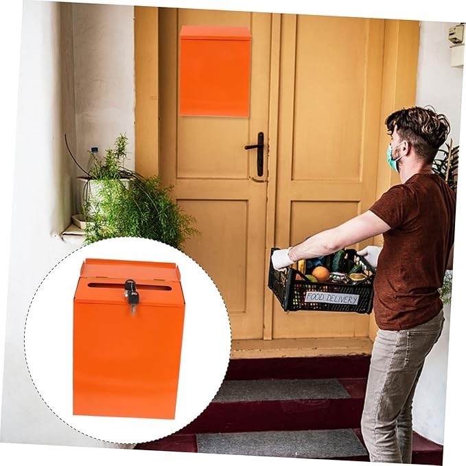 Locking Wall Mounted Iron Mailbox Orange | Secure Post Box | 30x22.5x6.5cm
