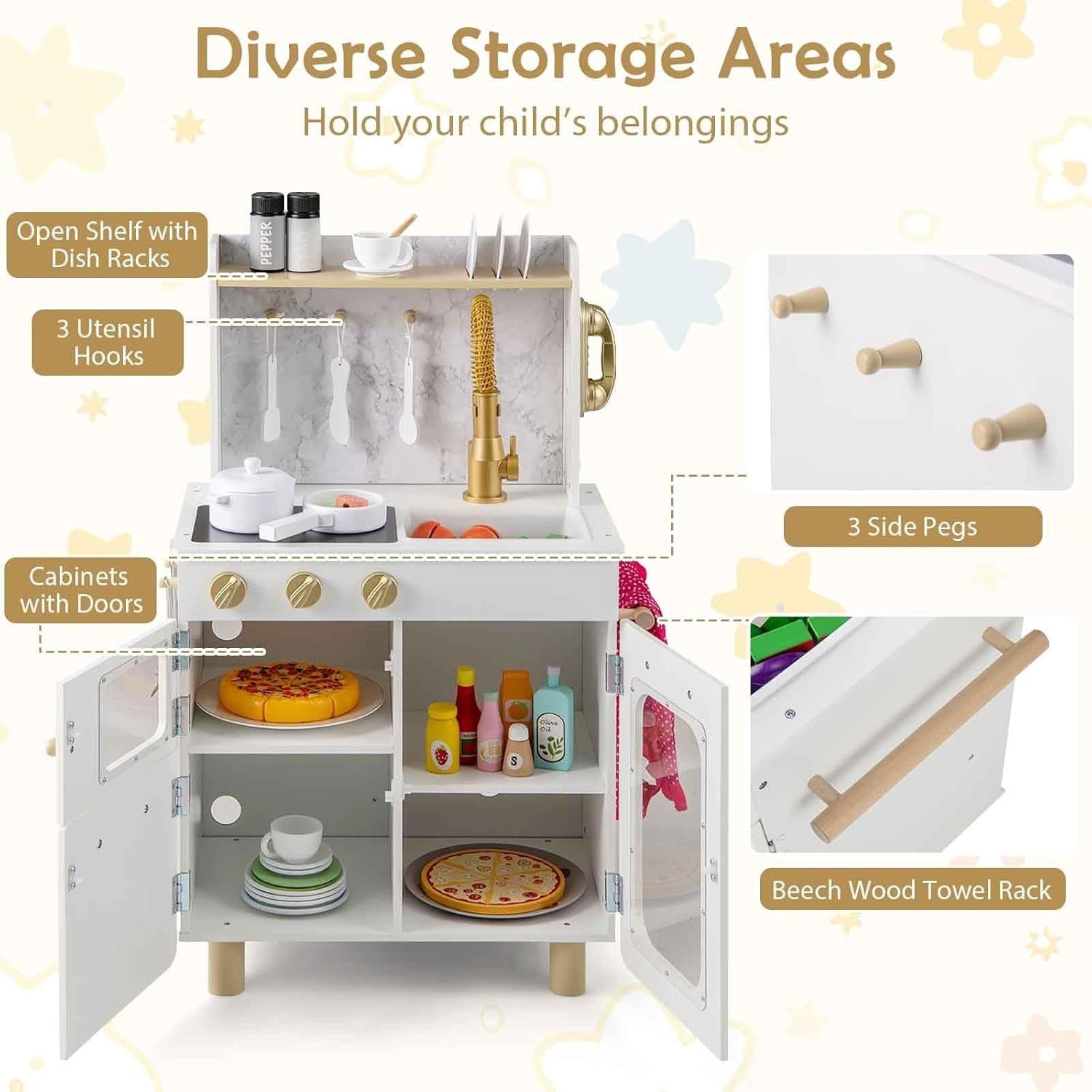 Wooden Kids Play Kitchen White Toy Set Microwave Oven Telephone
