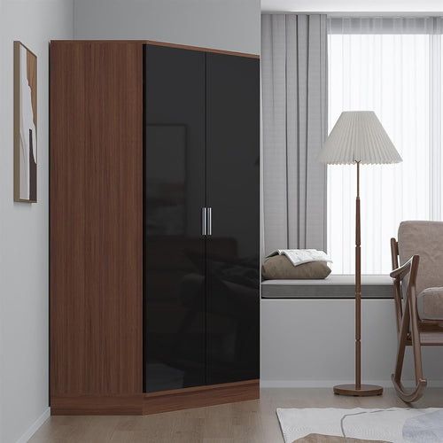 Modern Corner Wardrobe with Black Gloss & Walnut | 2 Doors, 8 Shelves & Rails