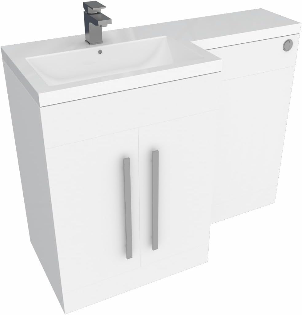 1100mm L Shape Left Hand Vanity Unit with Basin Sink & BTW Toilet Gloss White