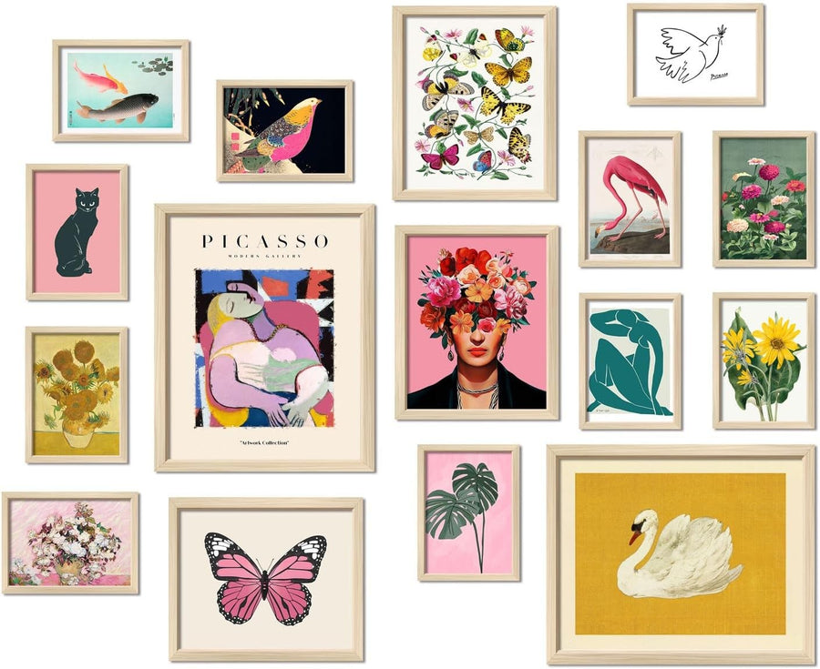 16pc Framed Gallery Wall Art Set Eclectic Colourful Prints 12x15"