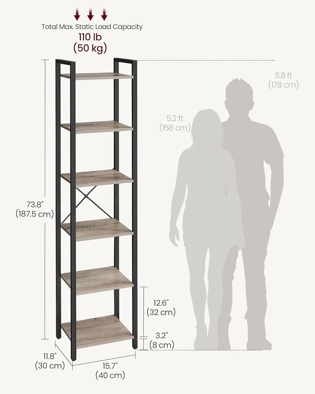 6-Tier Industrial Bookshelf 187.5cm Tall Slim Storage Unit Heather Greige