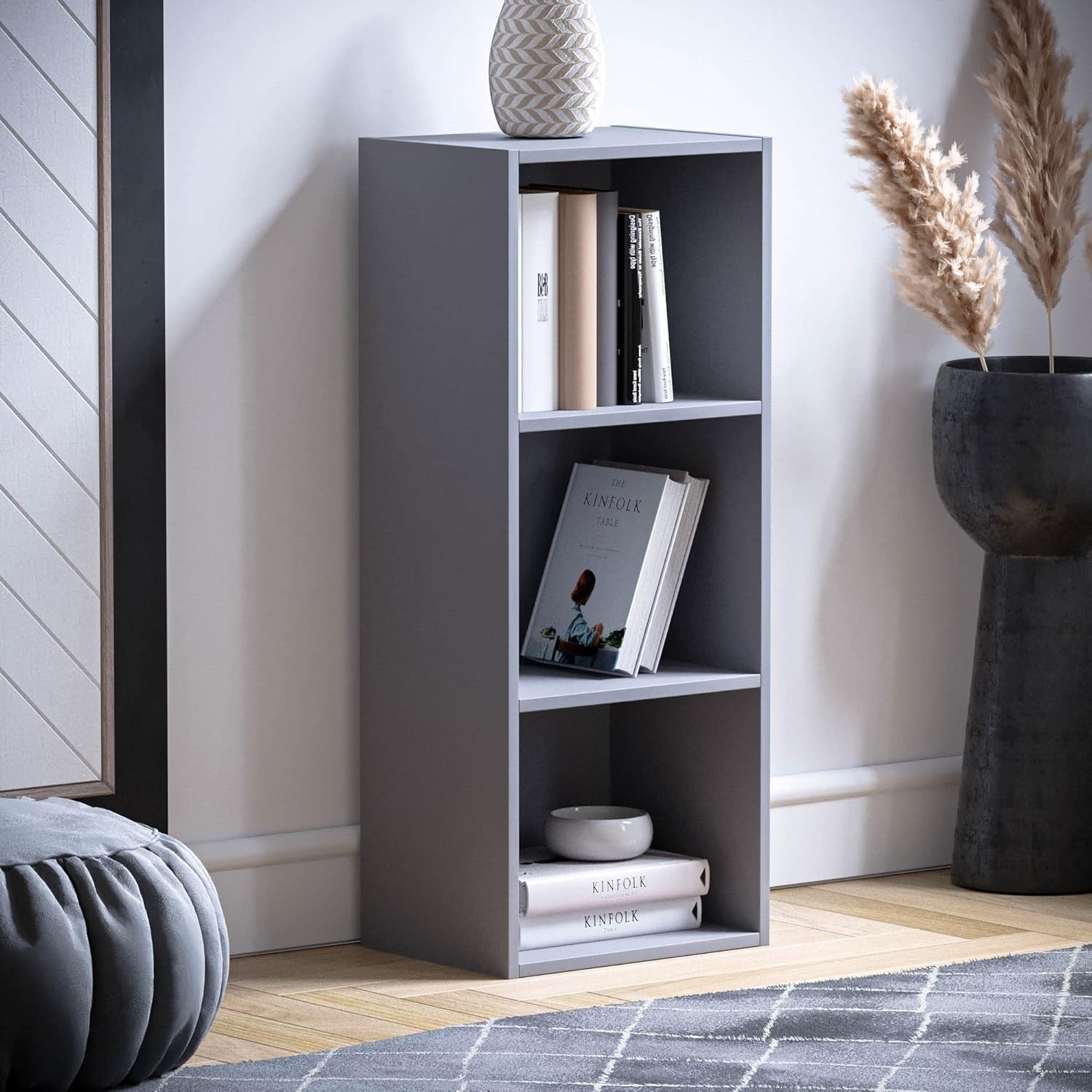3 Tier Grey Wooden Cube Bookcase Small Storage Shelf for Living Room Office