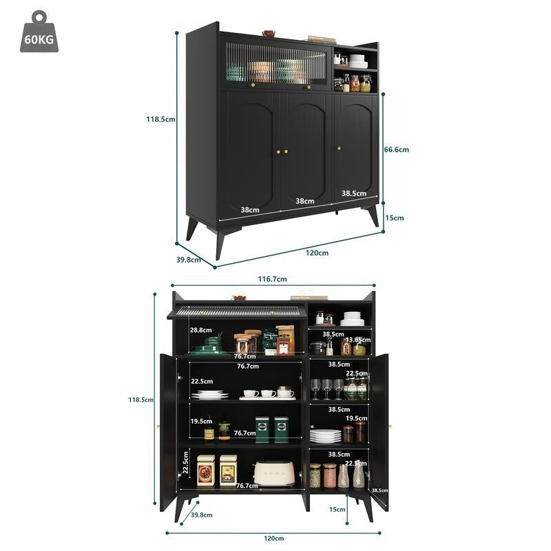 Black Sideboard Cabinet with Glass Door Gold Handles Modern Storage Unit