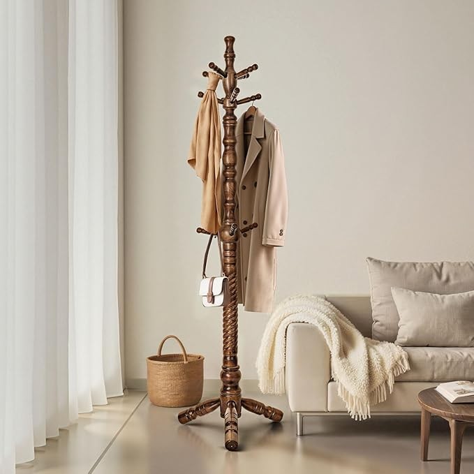 Wooden Coat Rack 188cm Tree Stand with 11 Hooks Heavy Duty Freestanding