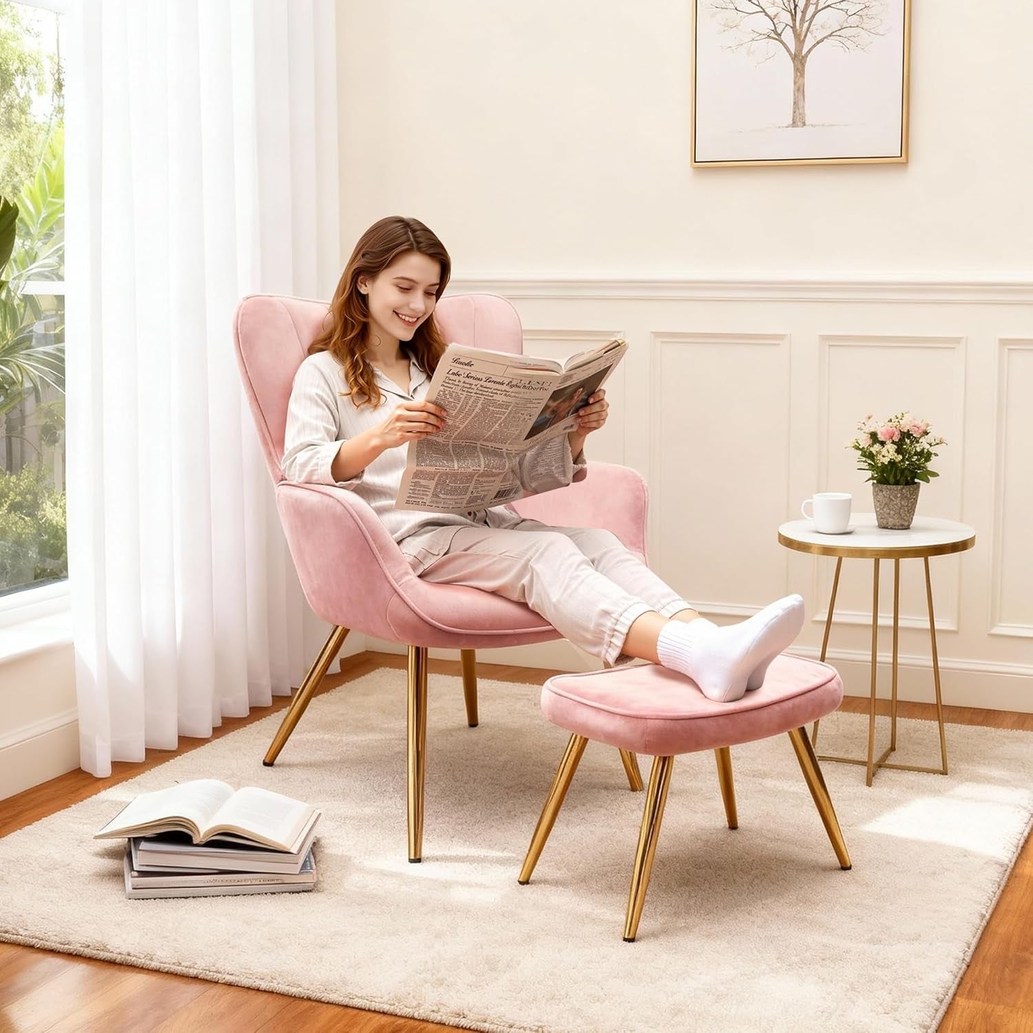 Wing Back Accent Armchair with Footstool Modern Lounge Chair Pink