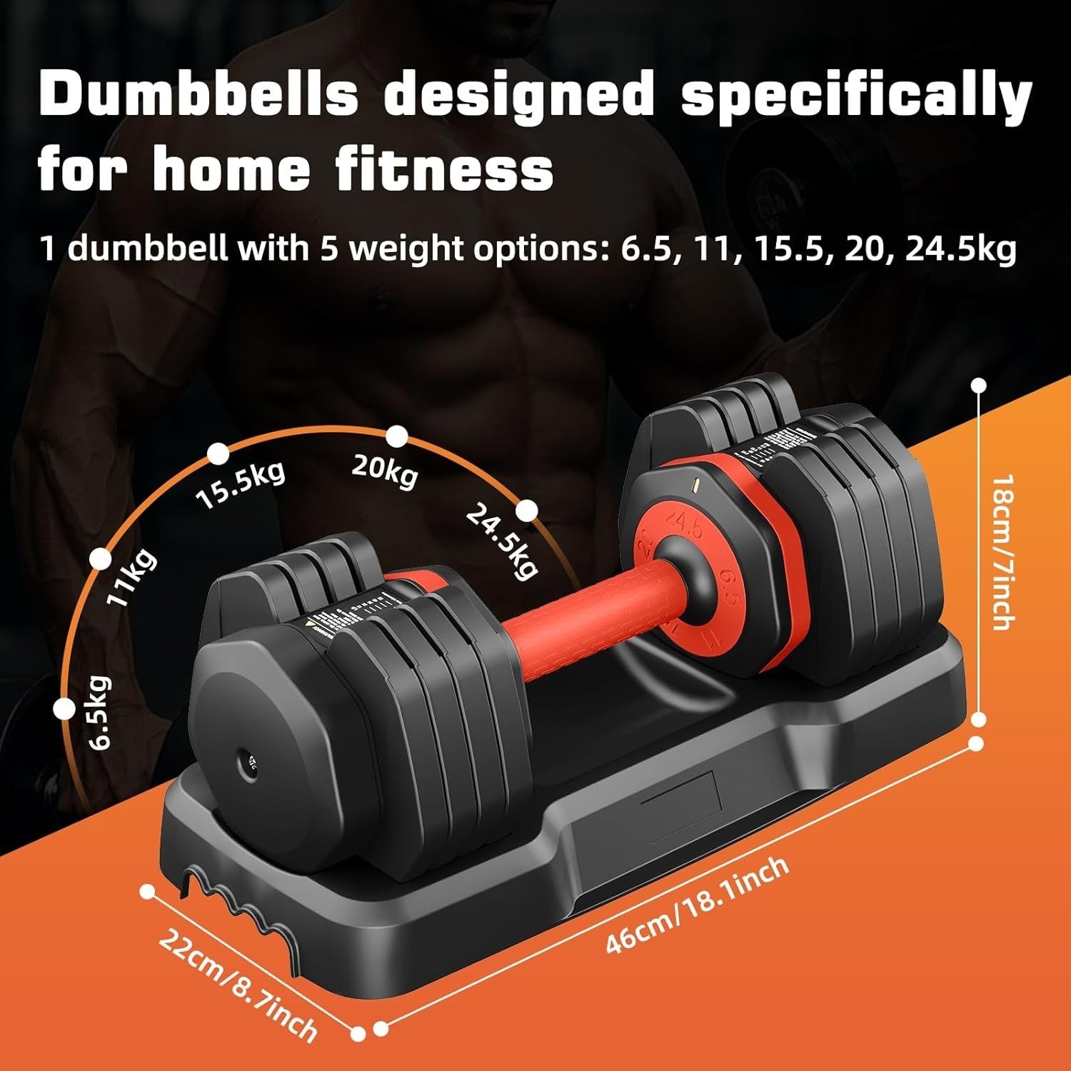 Adjustable Dumbbell Pair 24.5kg 5-in-1 One-Hand Dial Safety Lock