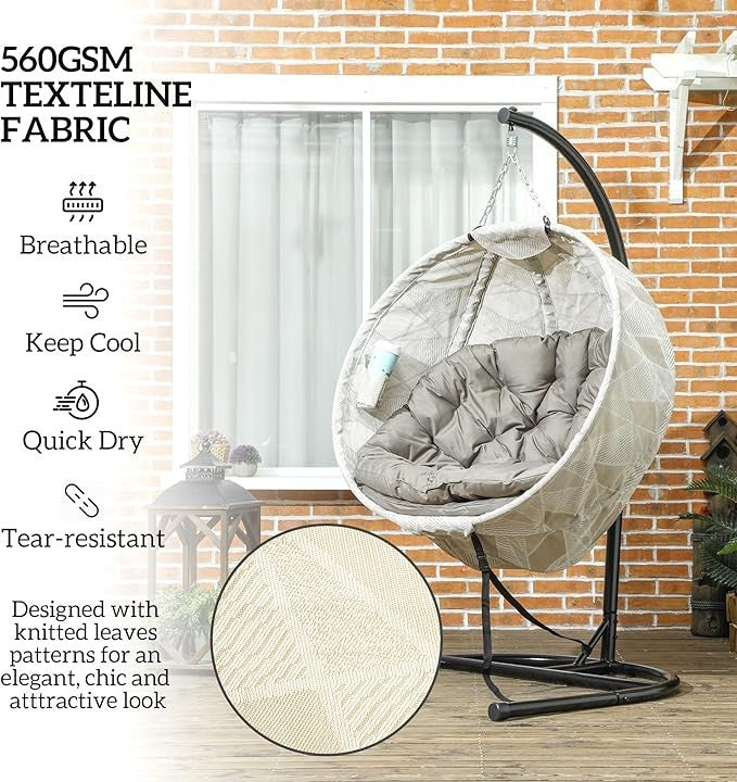Luxury Garden Hanging Egg Chair with Stand, Folding Basket, Thick Cushion