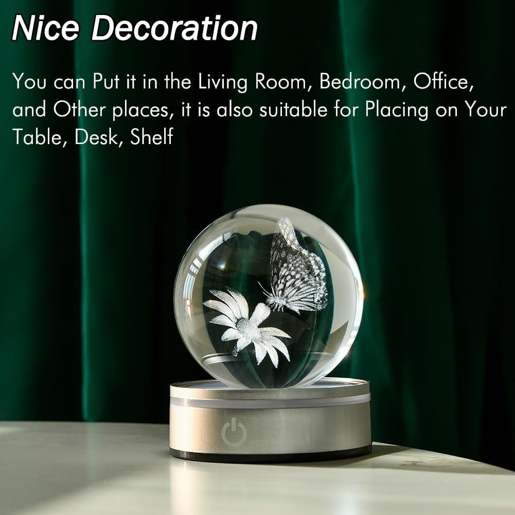 3D Butterfly Crystal Ball LED Light • Laser Etched Globe Ornament