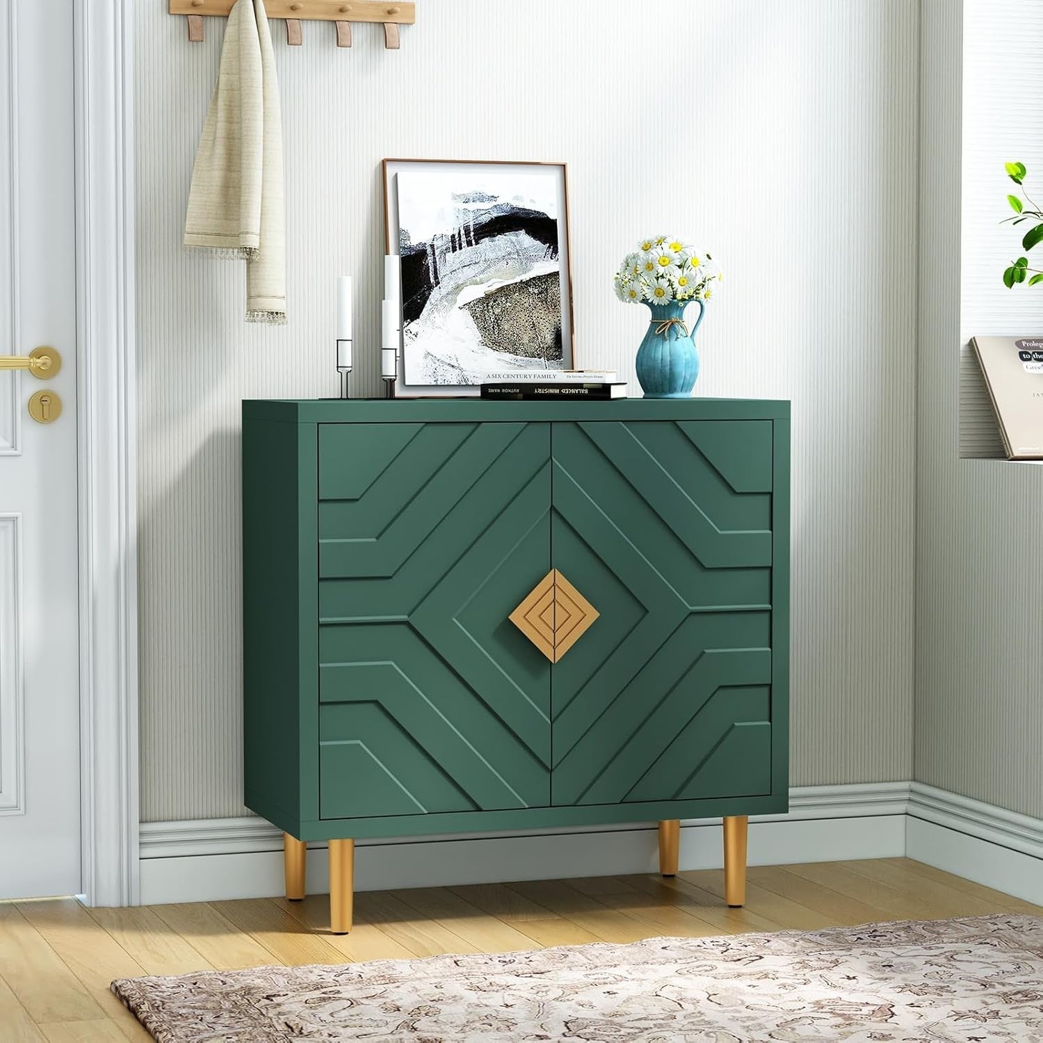 Modern 2-Door 3D Embossed Sideboard Storage Cabinet Green with Gold Legs
