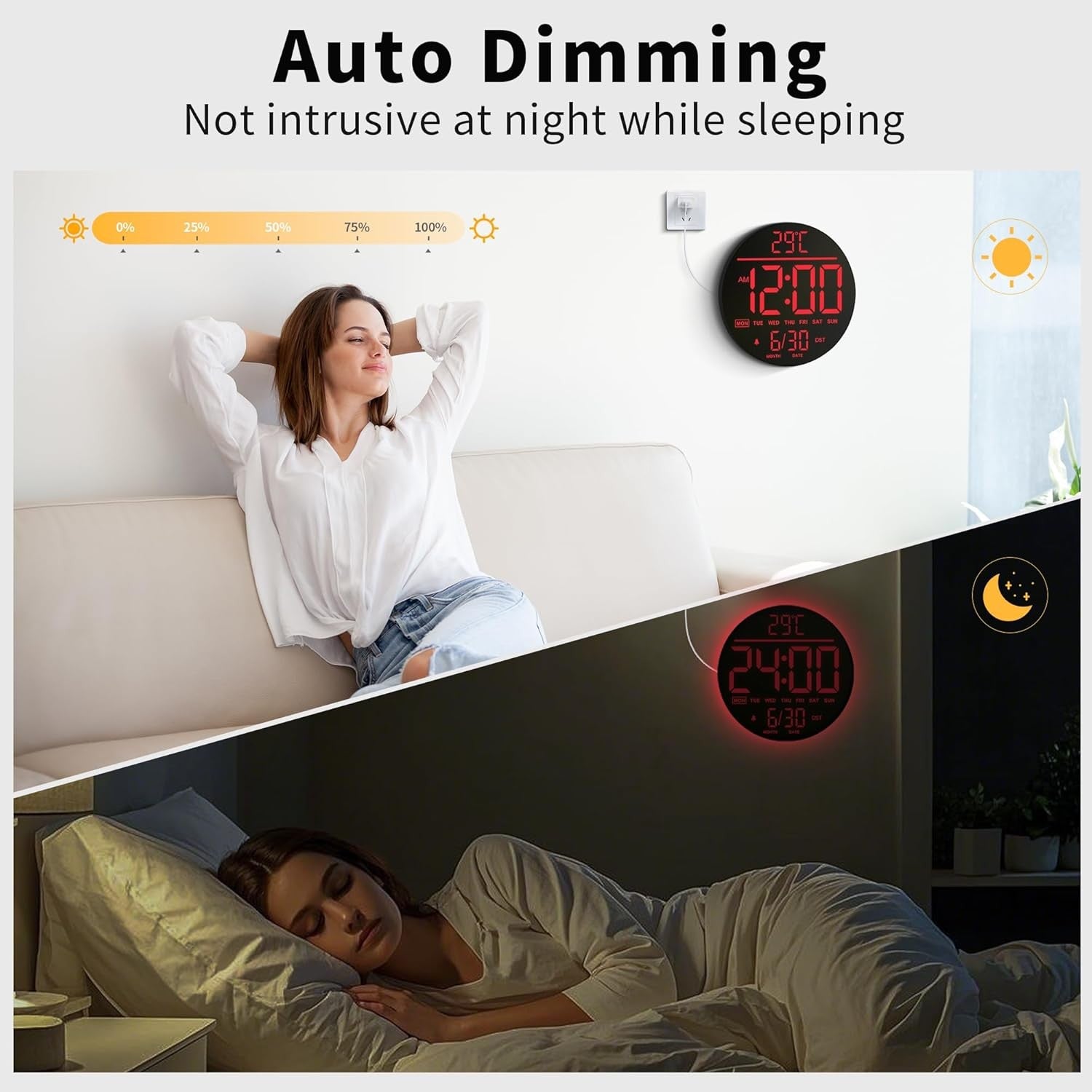 Red LED Digital Wall Clock 10 Inch Remote Control Night Light Display