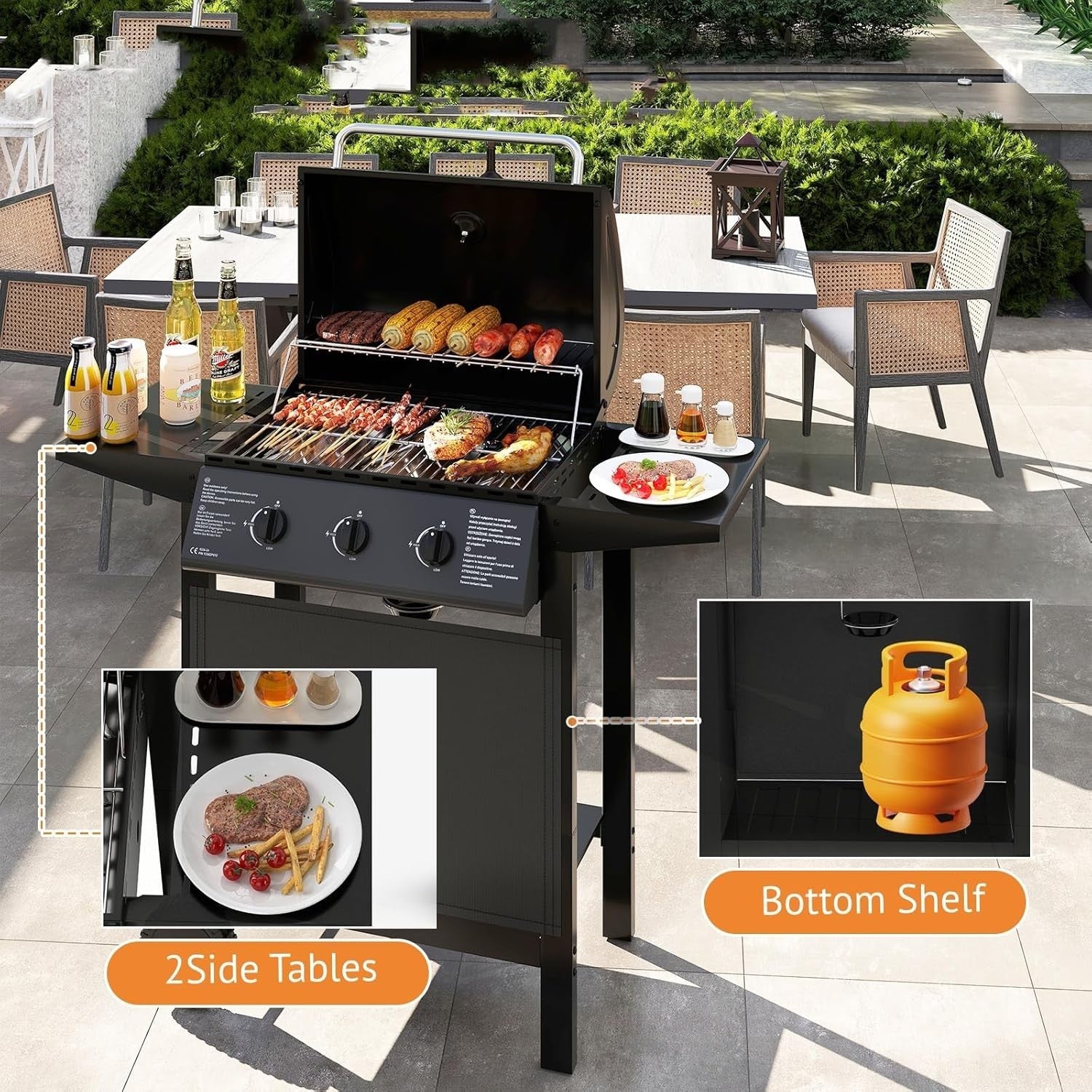 3 Burner Gas BBQ Grill with Lid, 49x106x98cm, Thermometer, Side Shelves & Wheels