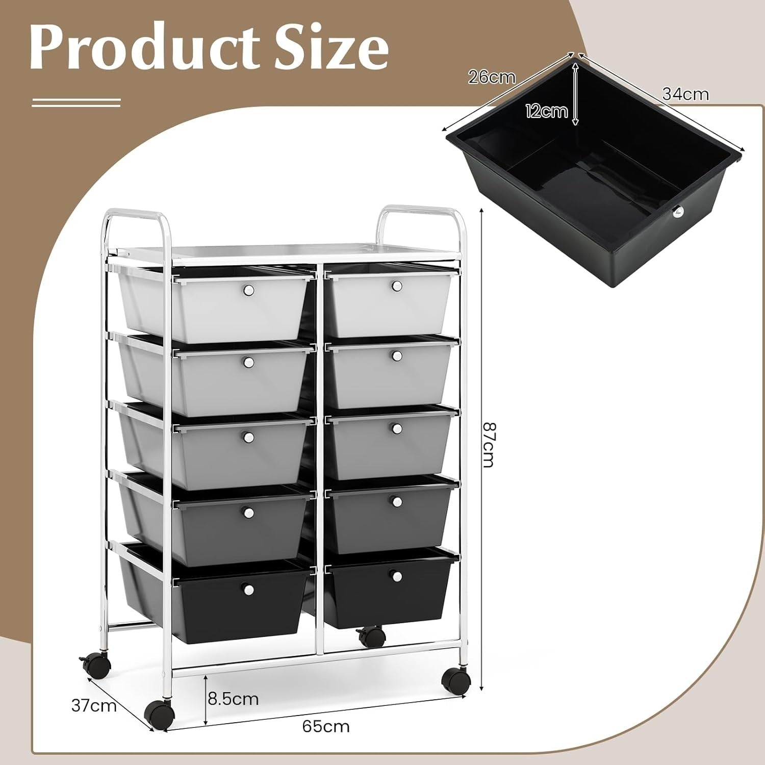 10 Drawer Rolling Storage Cart Black Organizer Trolley with Wheels
