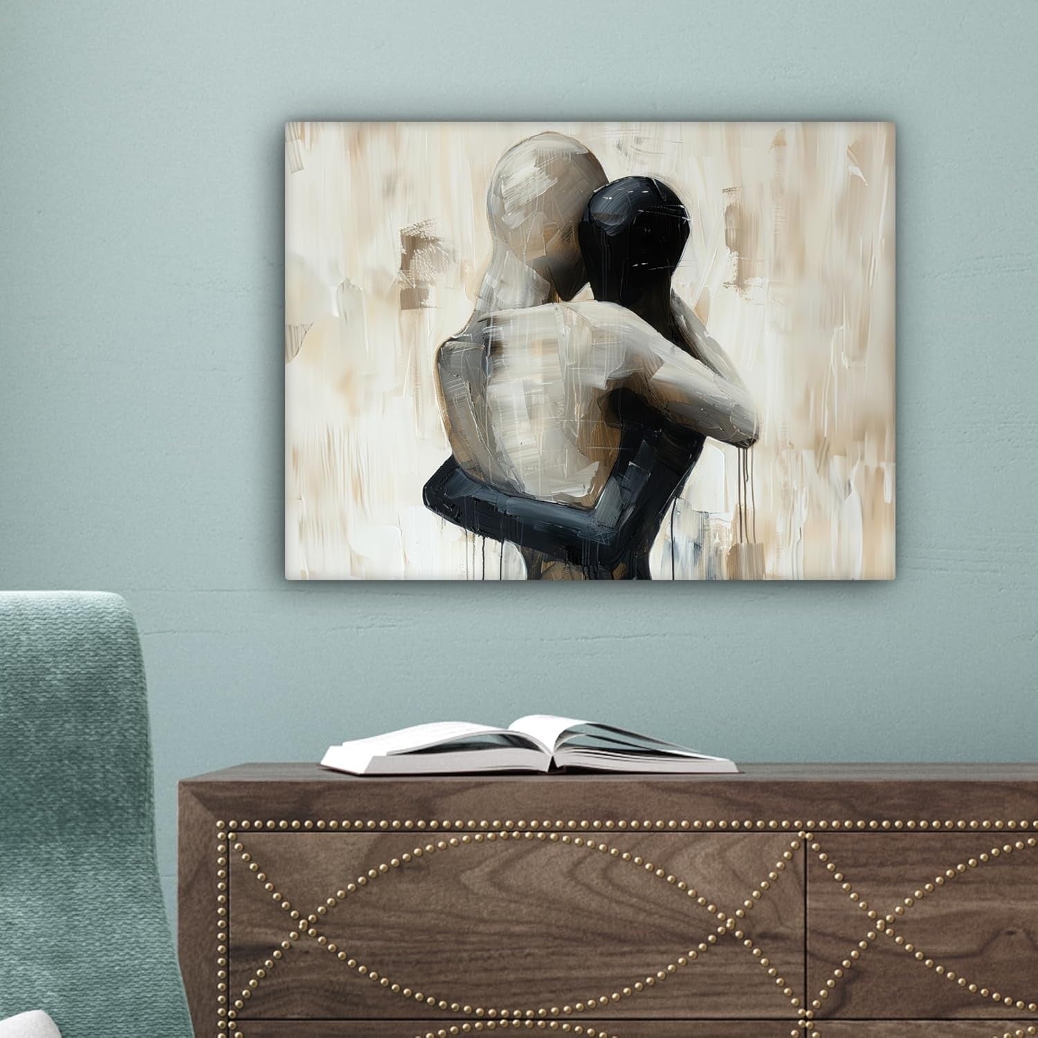 Abstract Couple Canvas Wall Art 40x30cm Framed Beige Print