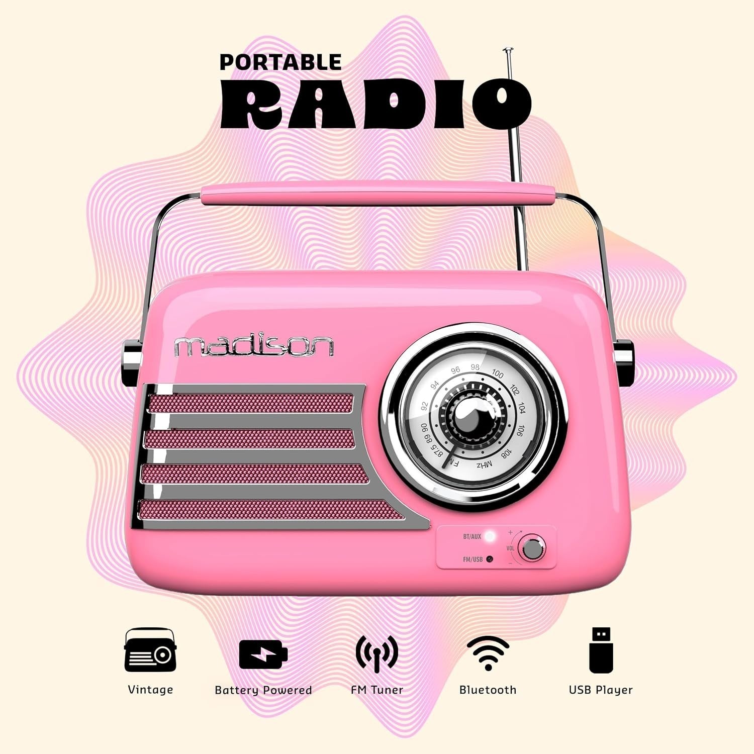 Vintage FM Radio 30W Bluetooth USB AUX Retro Portable Pink