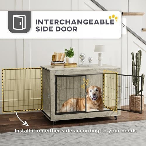 Modern Dog Crate Furniture with Wheels, Large Lockable Pet Cage Grey