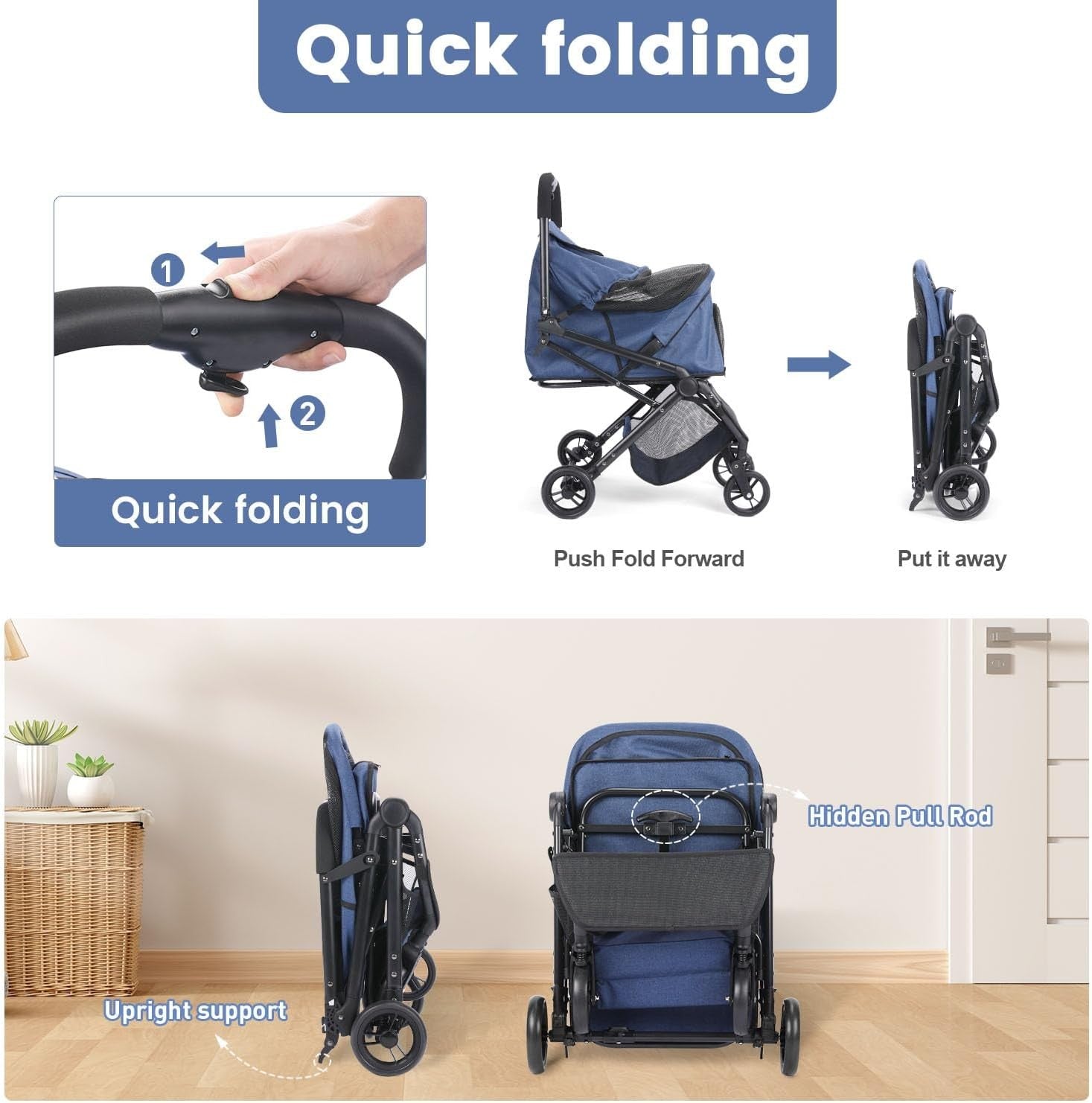 Pet Stroller 4 Wheel Folding Travel Pushchair Small Medium Dogs Navy