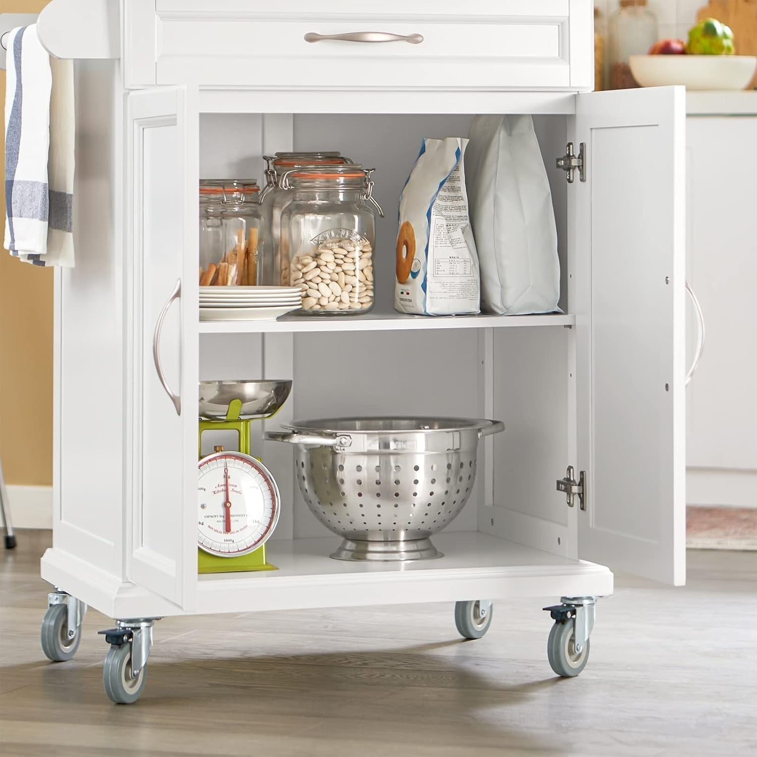 White Kitchen Trolley Bamboo Worktop Storage Cabinet Cart