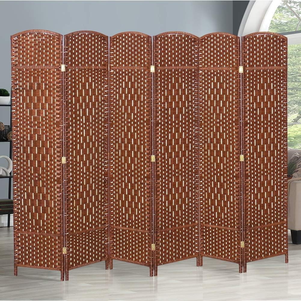 Brown 6 Panel Wicker Folding Room Divider Handwoven Privacy Screen 170cm