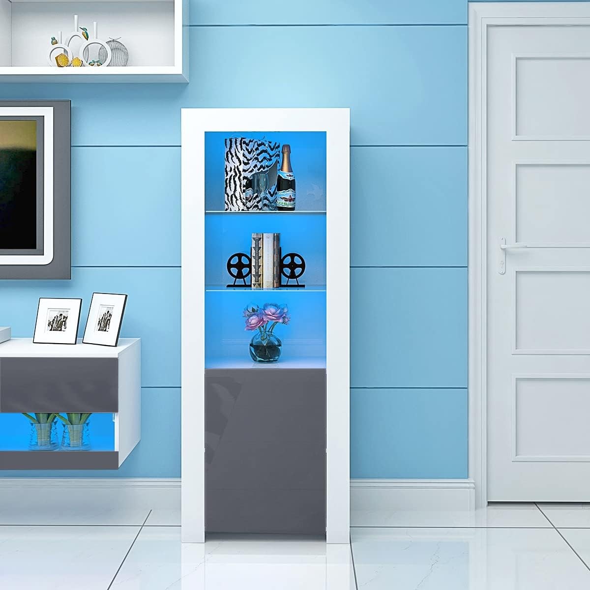 Tall LED Display Cabinet Grey High Gloss Glass Shelves Modern Showcase Cupboard