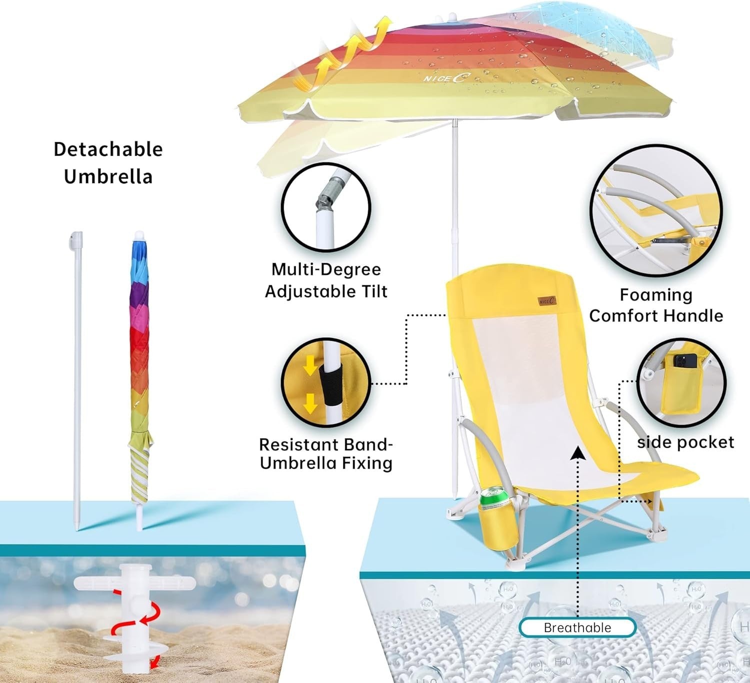 Beach Chair with UPF 50 Umbrella, Cooler Bag, Cup Holder, Folding Seat