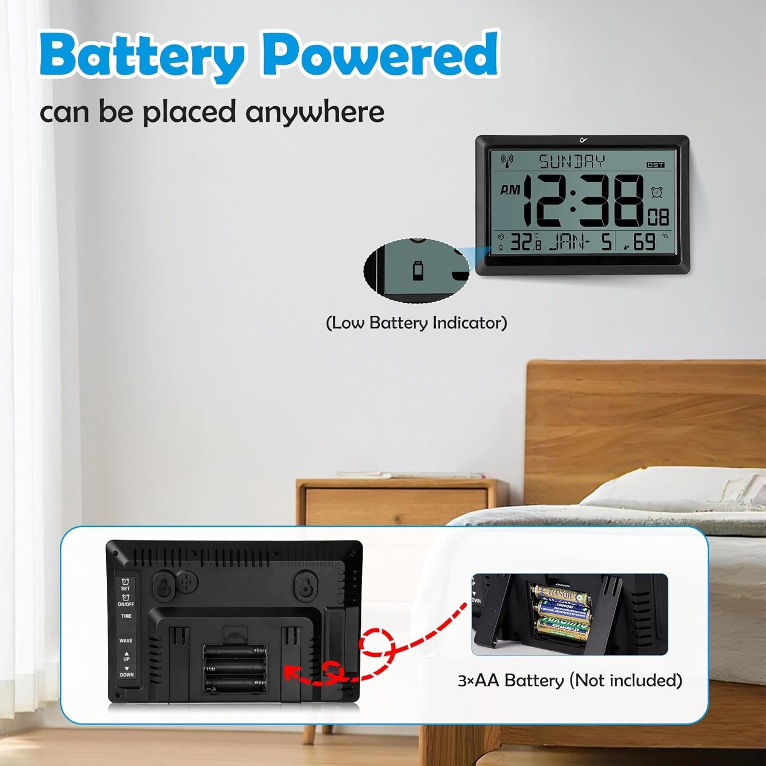 Large Digital Wall Clock Temperature Humidity Date LCD Battery Operated