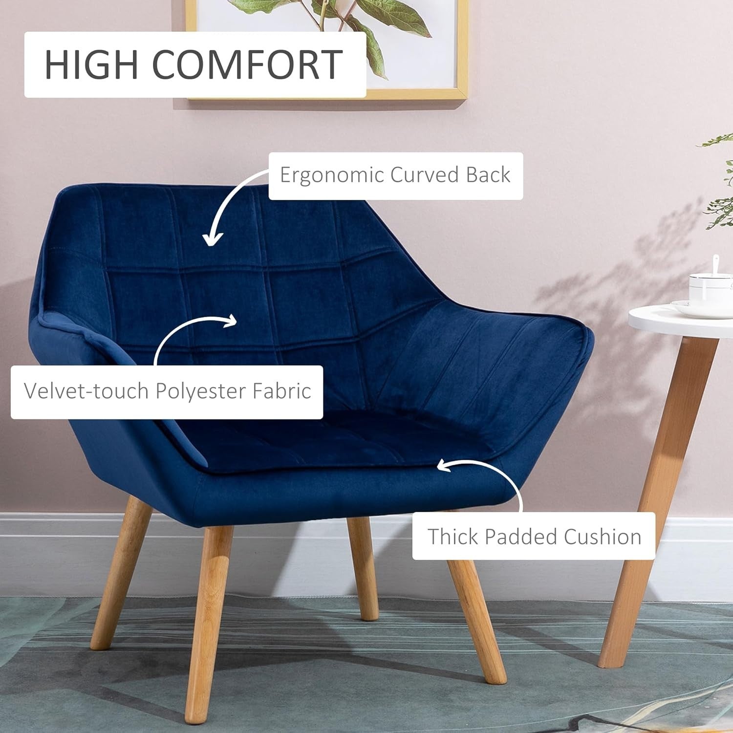 Navy Blue Velvet Armchair Wide Arm Accent Chair Modern Bedroom Lounge Seat