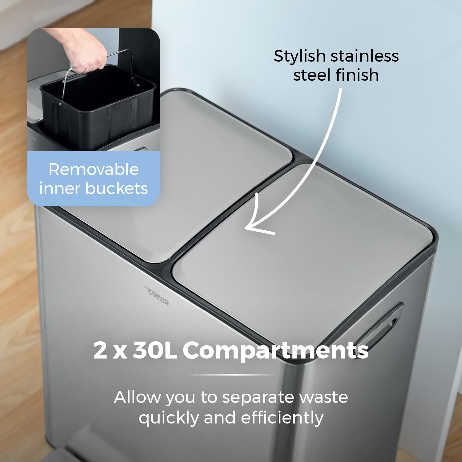60L Recycling Pedal Bin 2x30L Dual Compartment Silver
