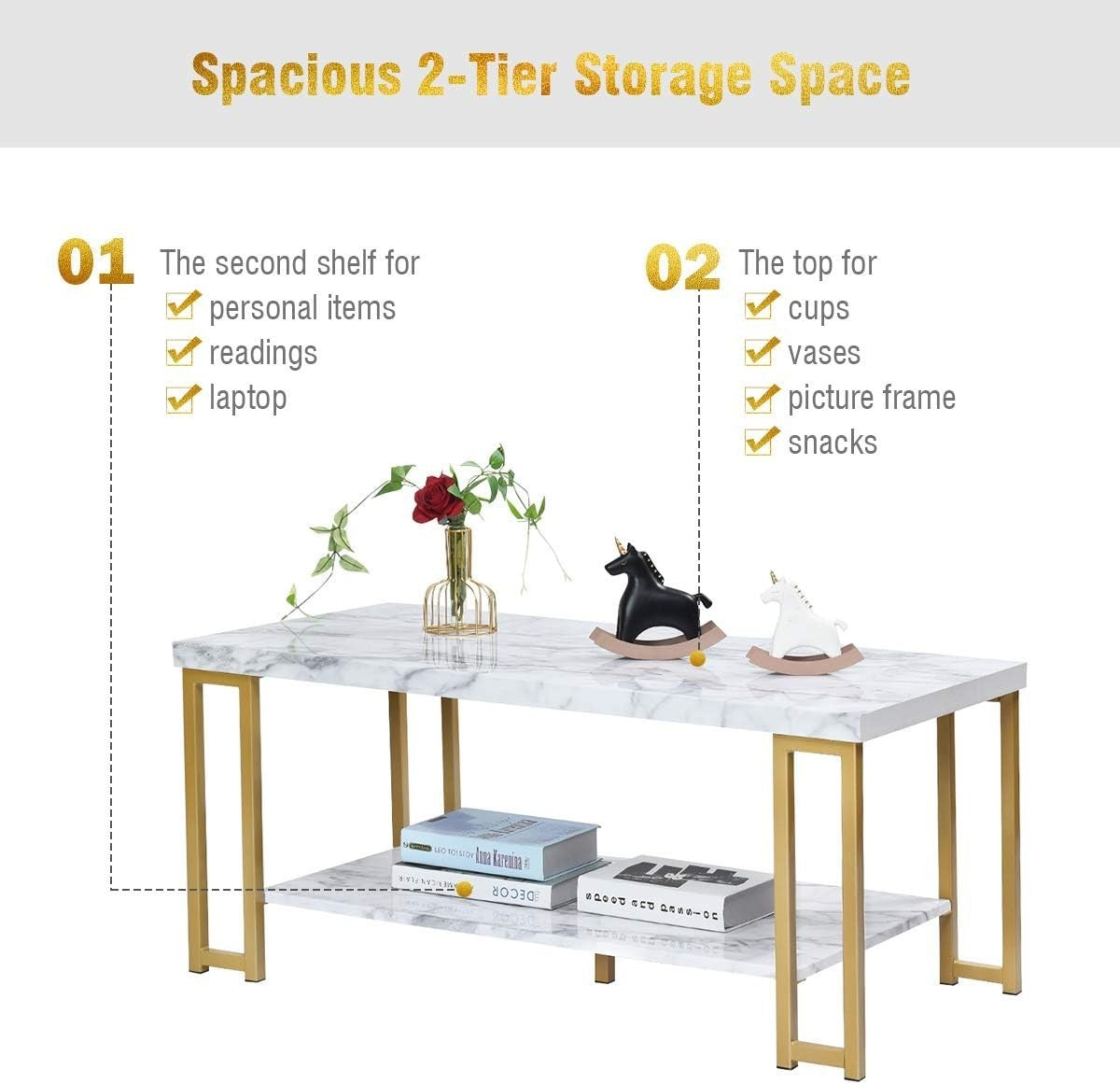 Marble Effect 2-Tier Coffee Table with Shelf, Gold Frame, Small Space Living Roo