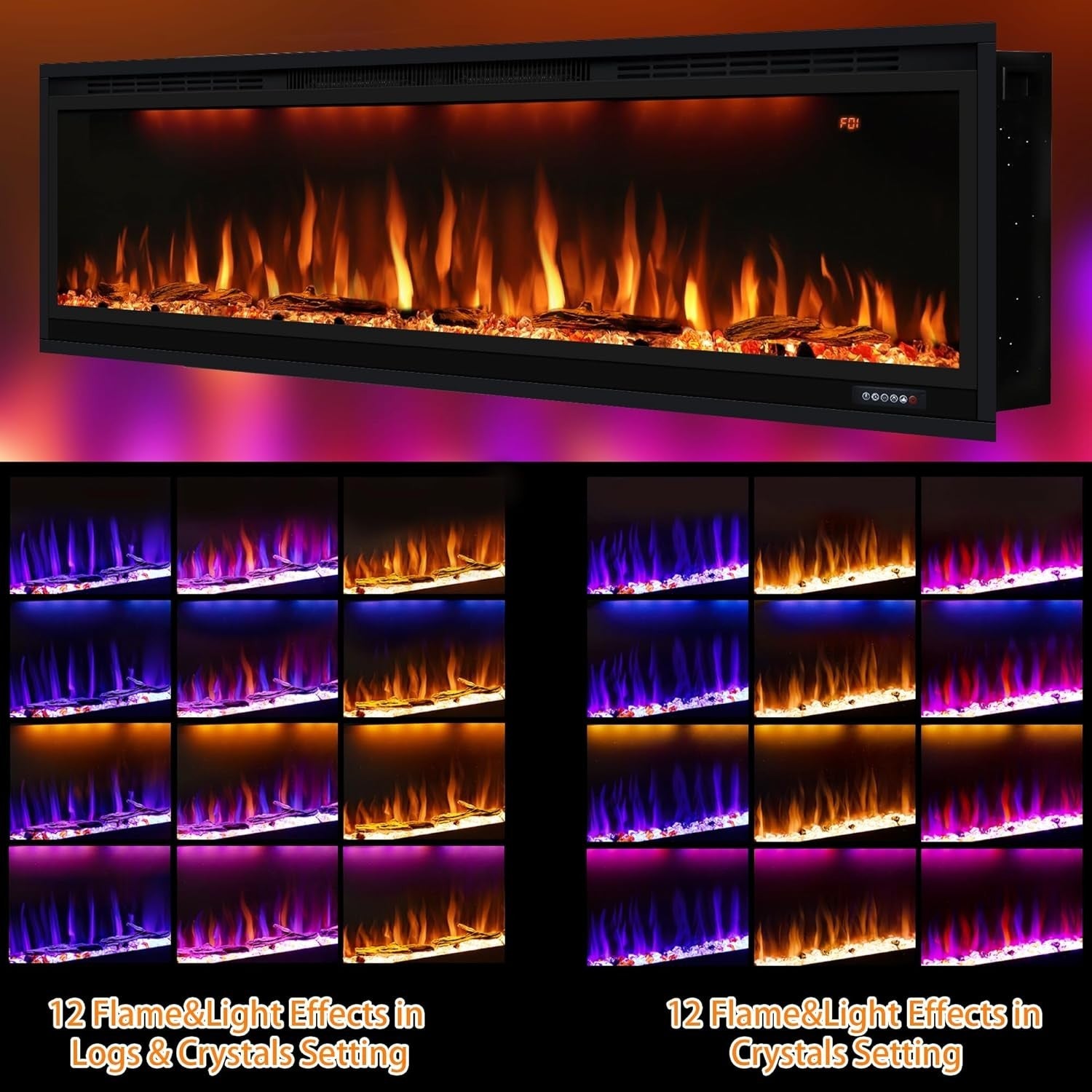 60" Electric Wall-Mounted Fireplace Heater w/ Remote, Multicolor Flames