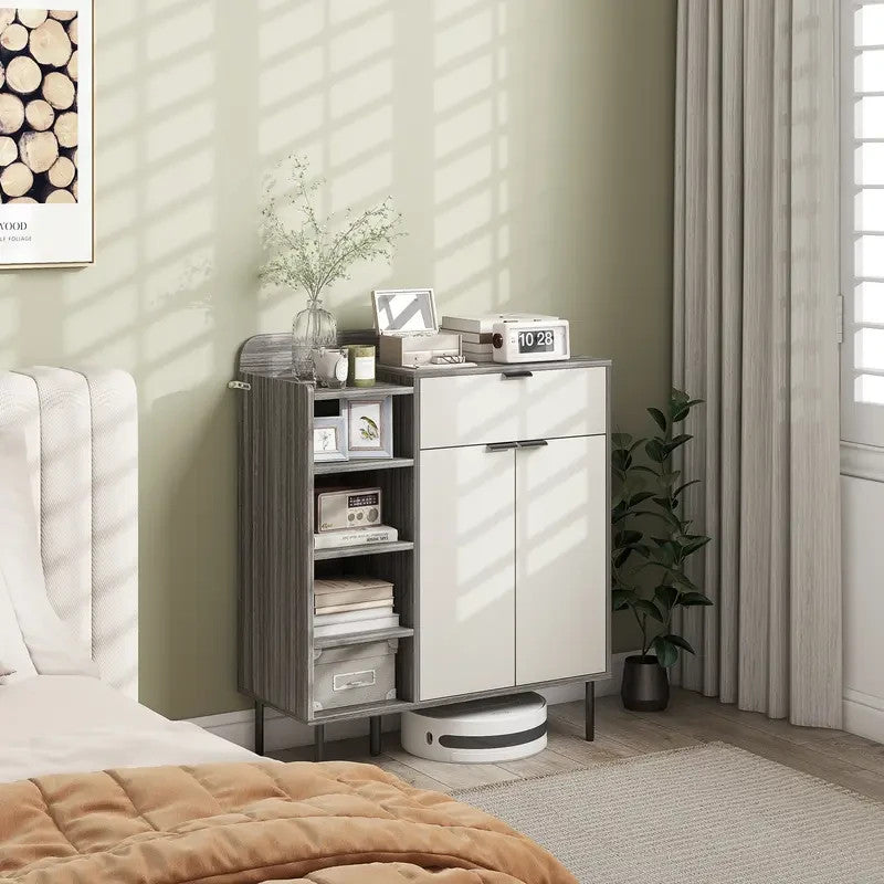 Modern Shoe Cabinet Storage Unit with Drawers & Open Shelves - Grey White
