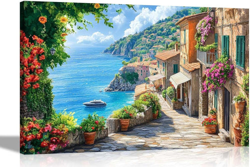 Mediterranean Seascape Canvas Wall Art Coastal Village Ocean View Print 24x16