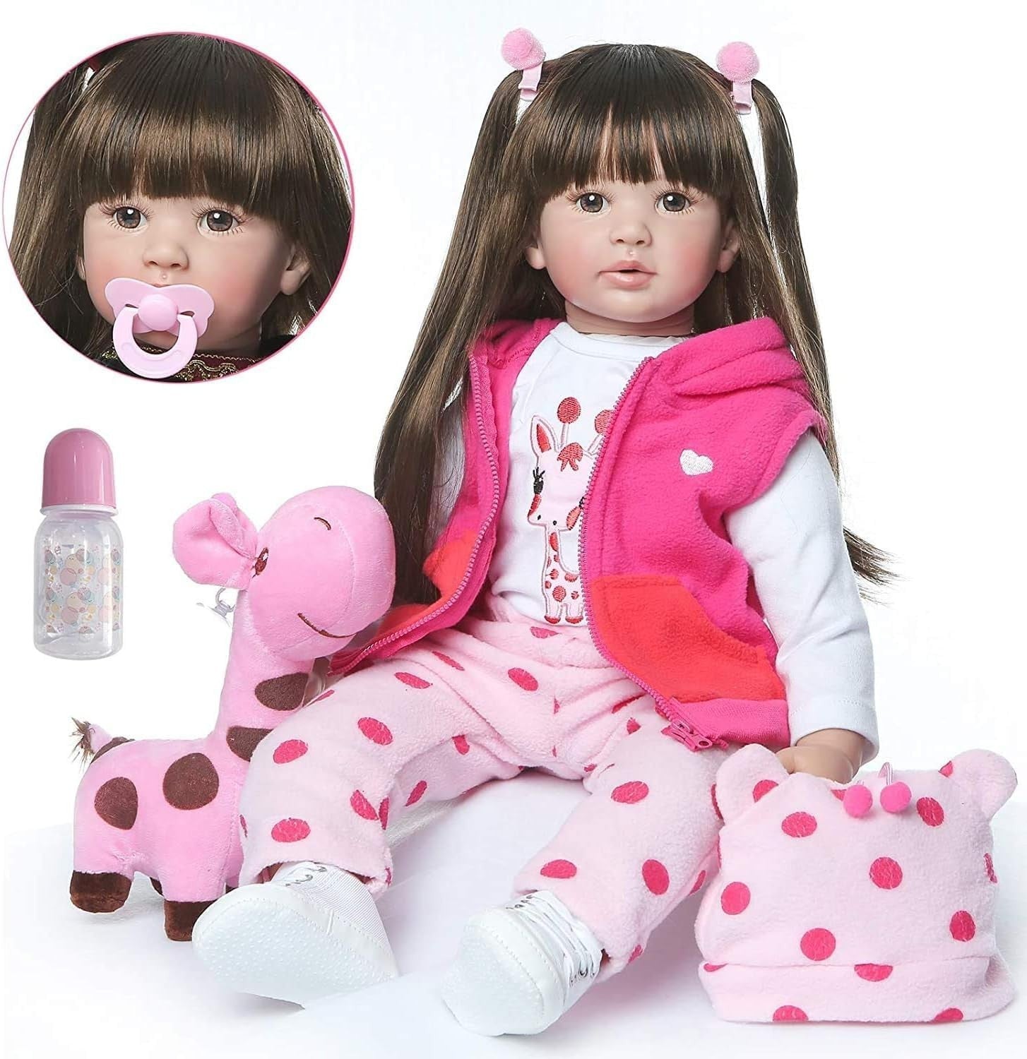 24in Lifelike Reborn Baby Girl Doll Soft Silicone Vinyl Black Hair