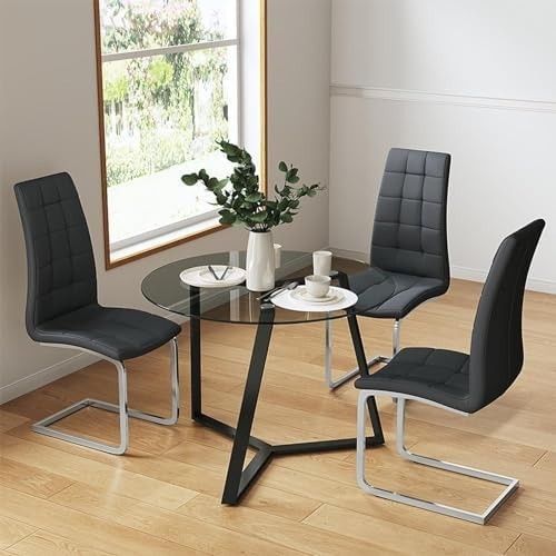 100cm Round Glass Dining Table with Black Metal Legs Modern Kitchen Table