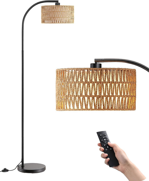 Arc Floor Lamp Black Rattan Shade Dimmable Remote Boho LED Standing Light